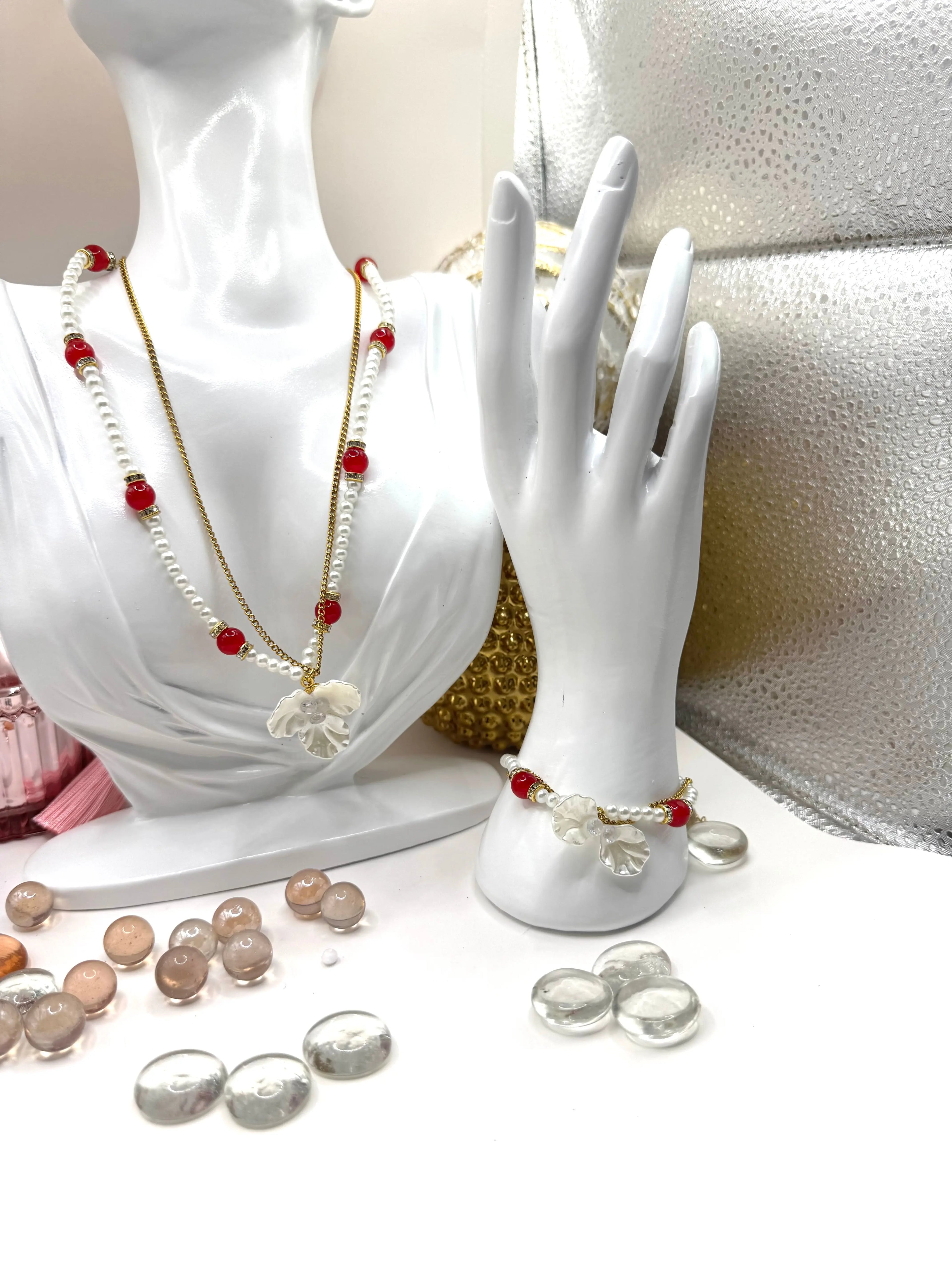 18k gold PVD Artificial pearl and glass beads Necklace with 3D Flower pendant and Bracelet set - JNi3 shop