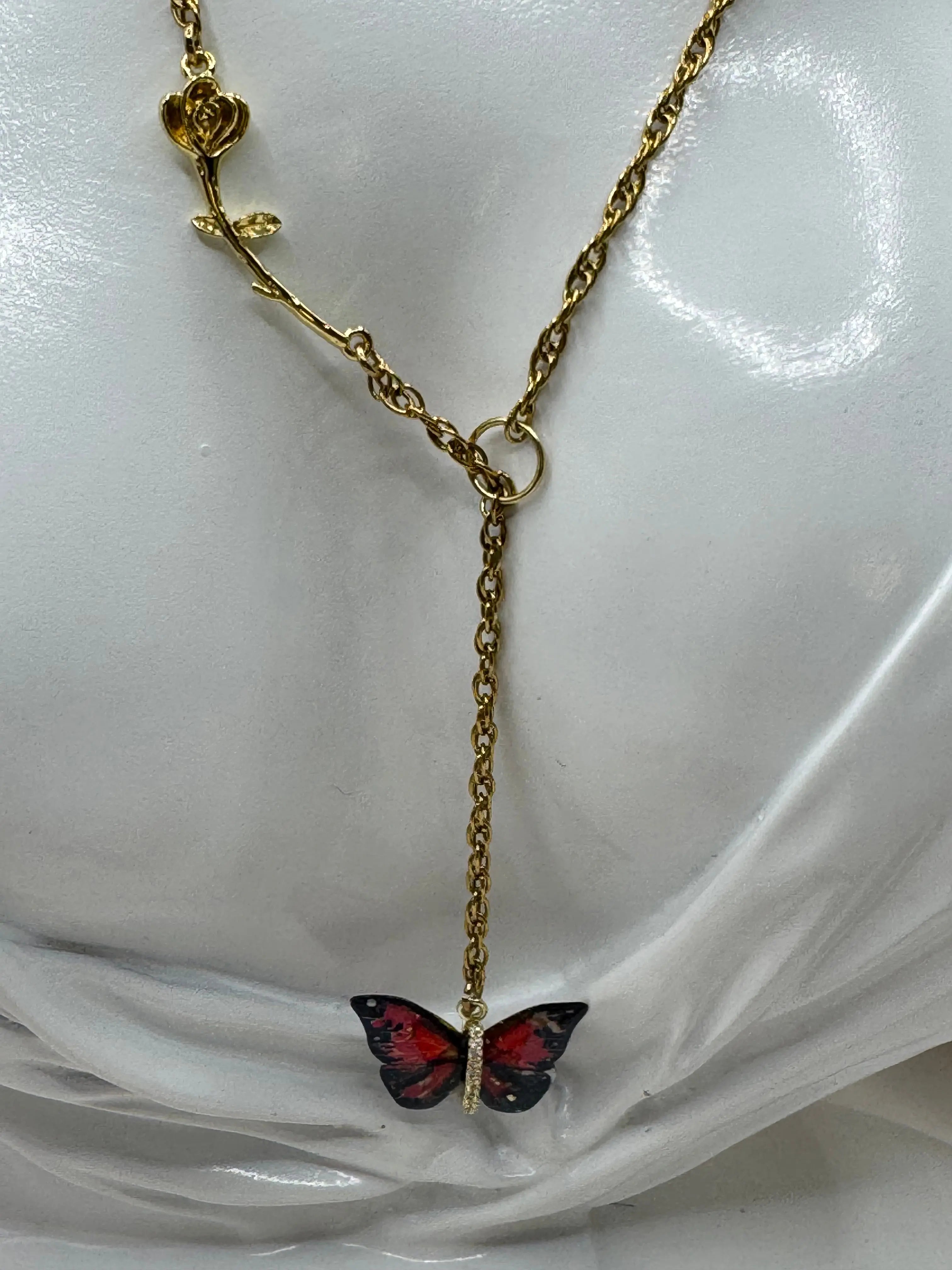 Red Butterfly Garden, 18k Gold PVD Plated flower Necklace with red butterfly - JNi3 shop