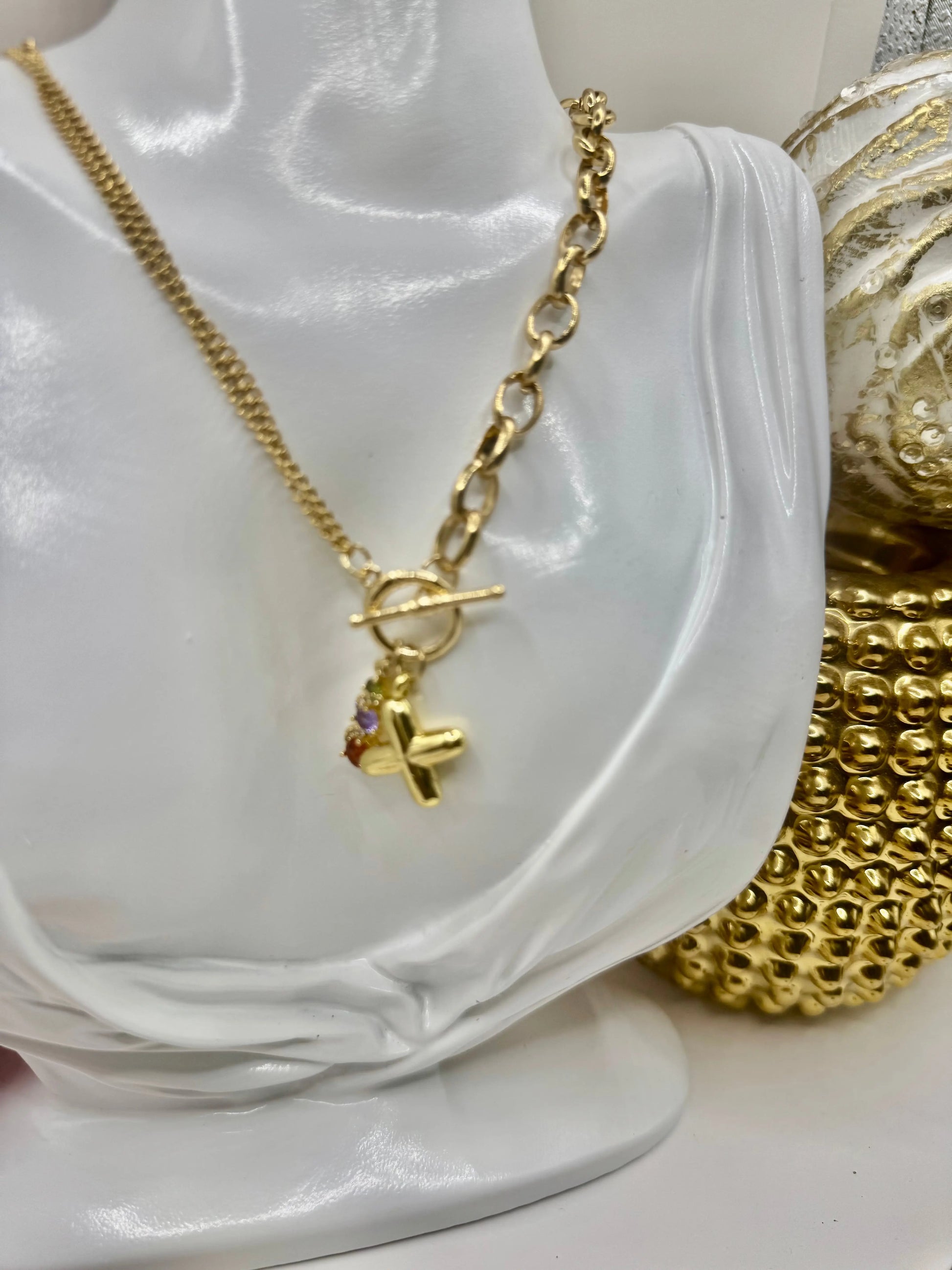 18K Gold PVD Initial Necklace with Multi-Color Gemstone Charms | Toggle Clasp Non-Tarnish Chain - JNi3 shop