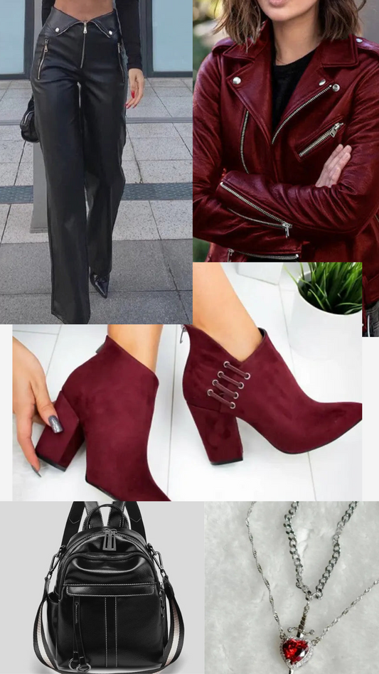 black leather pant red jacket outfit