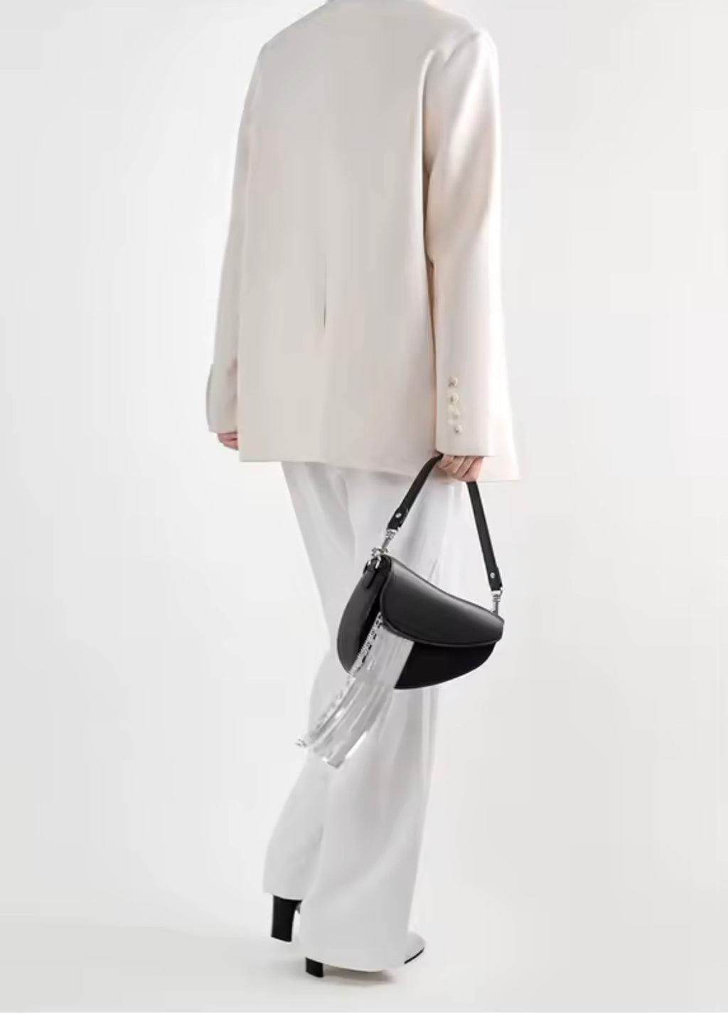 Bafelli Black Saddle Bag with Crystal Fringe & Silver Chain | Luxury Designer Handbags