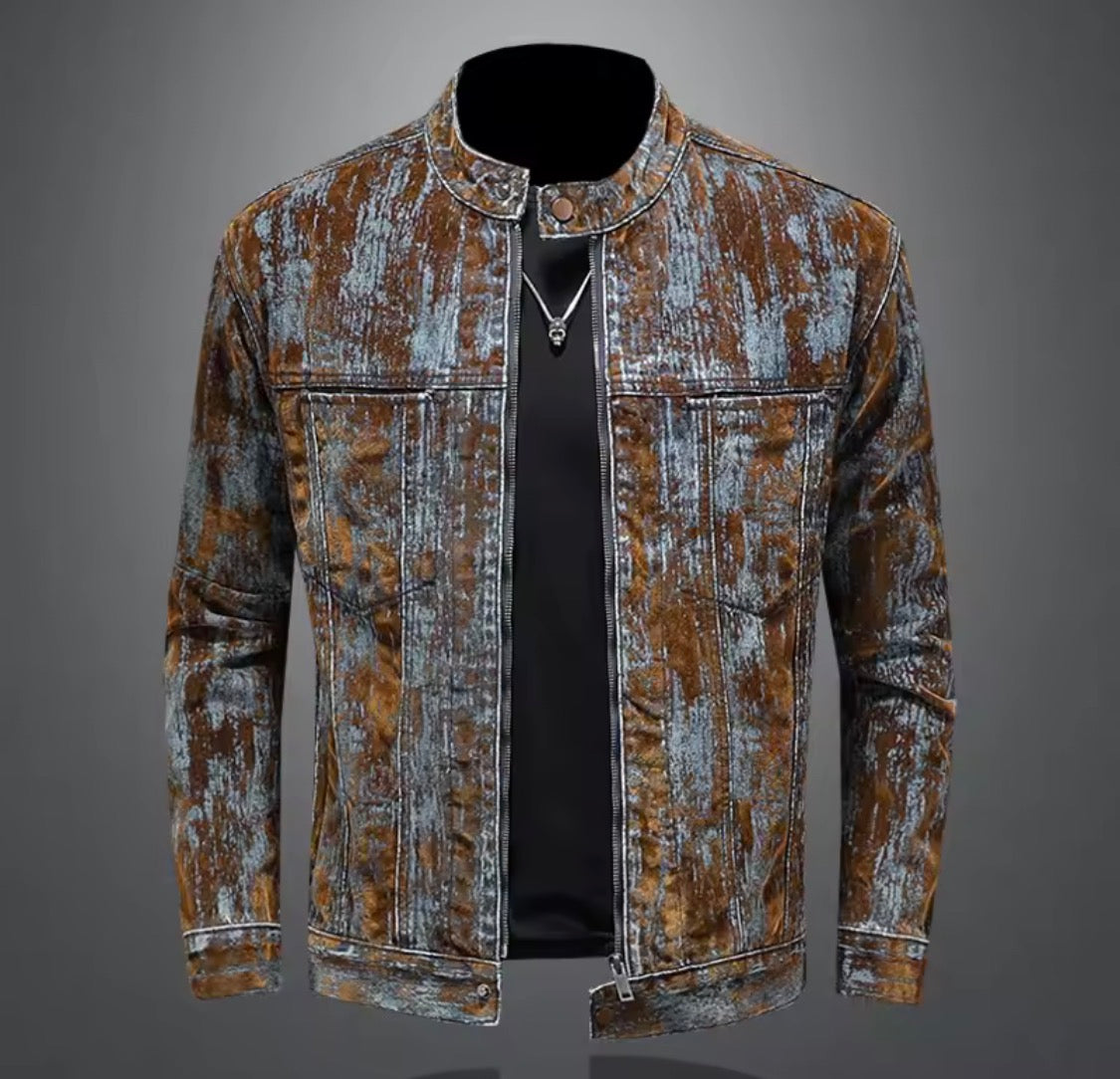 Men’s Distressed Acid-Wash Denim Jacket | Vintage style Moto Biker Stand Collar Zipper Jean Jacket