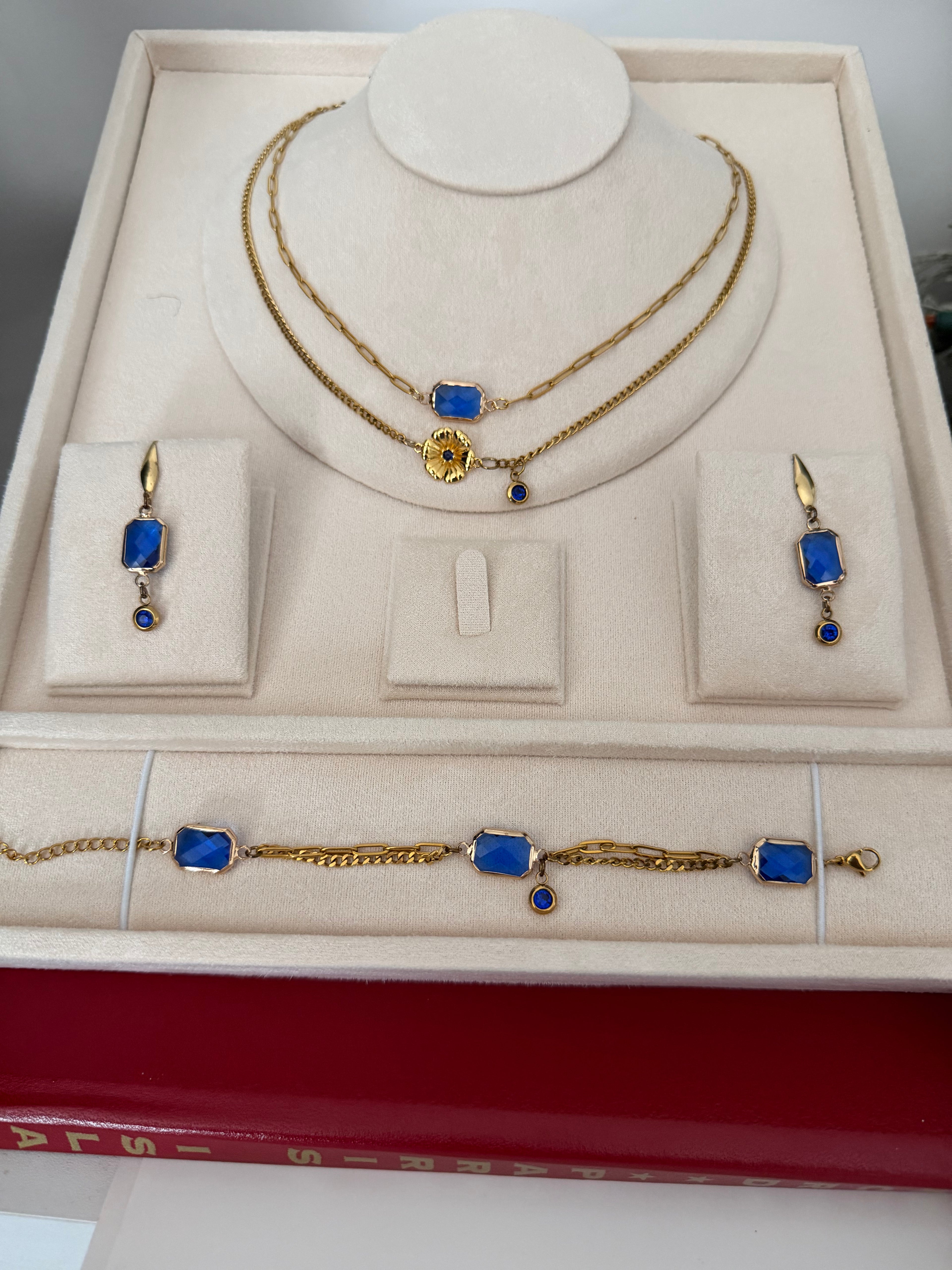 18k Gold PVD Birth Month double layered pendant Necklace, Bracelet and Earrings 3 pce set.
