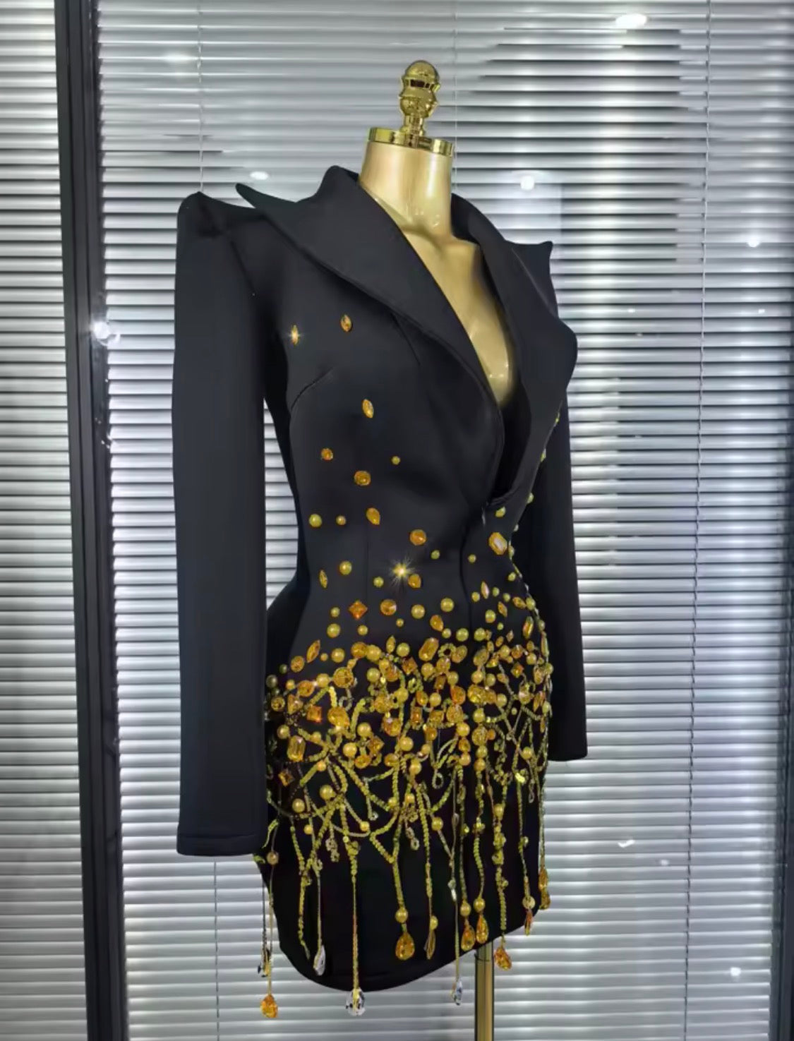 Luxury Crystal Rhinestone Blazer Mini Dress, Beaded Fringe Formal Party Gown, Sculptural Lapel Evening Cocktail Dress, Birthday Outfit Women