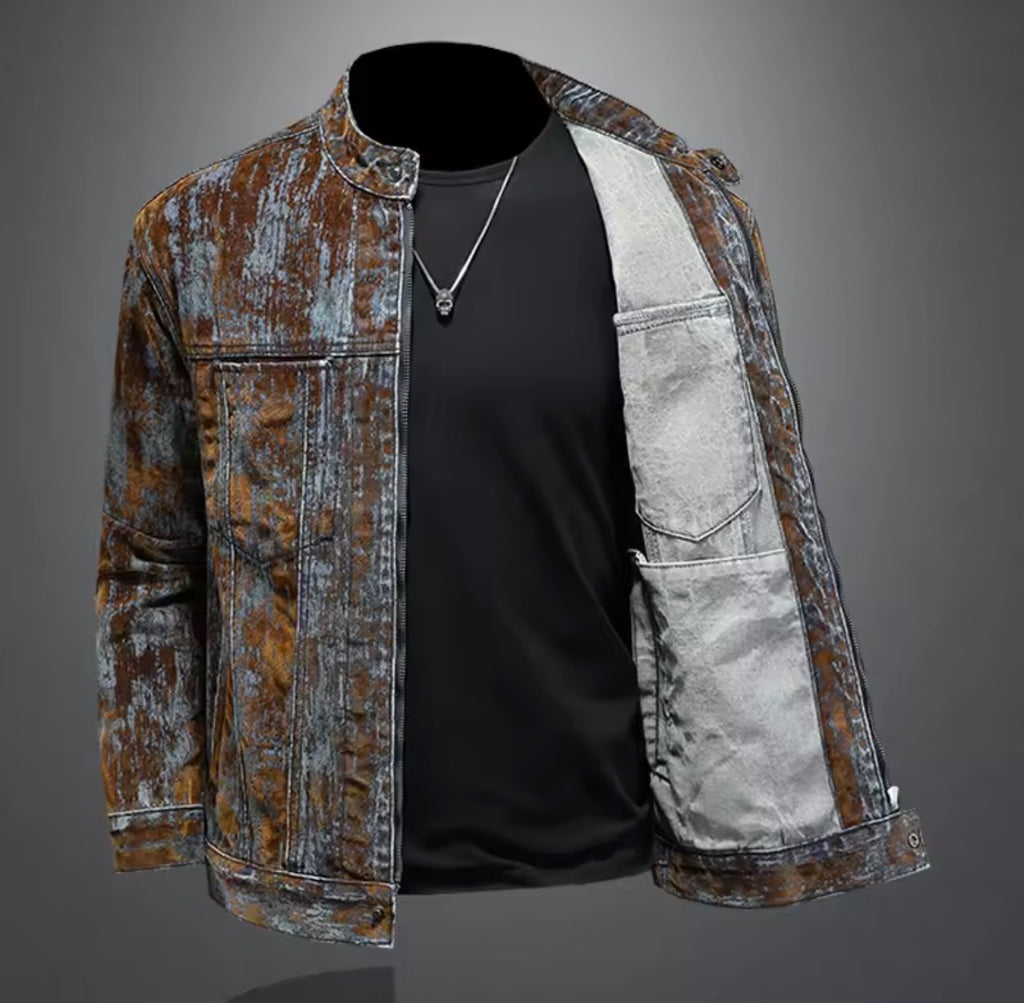 Men’s Distressed Acid-Wash Denim Jacket | Vintage style Moto Biker Stand Collar Zipper Jean Jacket