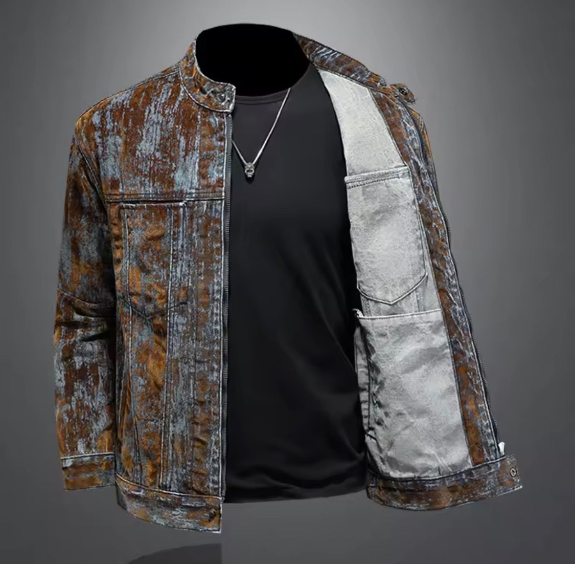 Men’s Distressed Acid-Wash Denim Jacket | Vintage style Moto Biker Stand Collar Zipper Jean Jacket