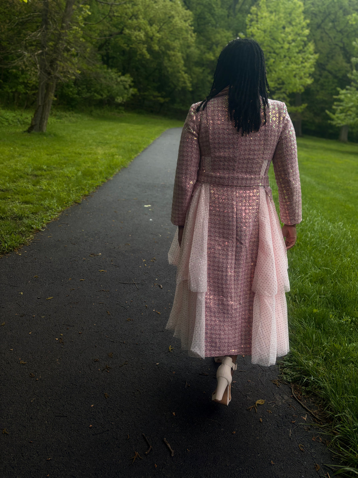 Pink Sequin Tweed trench Coat with Tiered Tulle Hem | Elegant Belted Dress Coat
