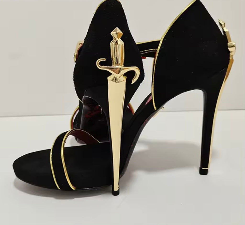 Black Leather Purse and Shoe Set | Gold Accent Boots or Heels, Genuine Leather, Cowhide