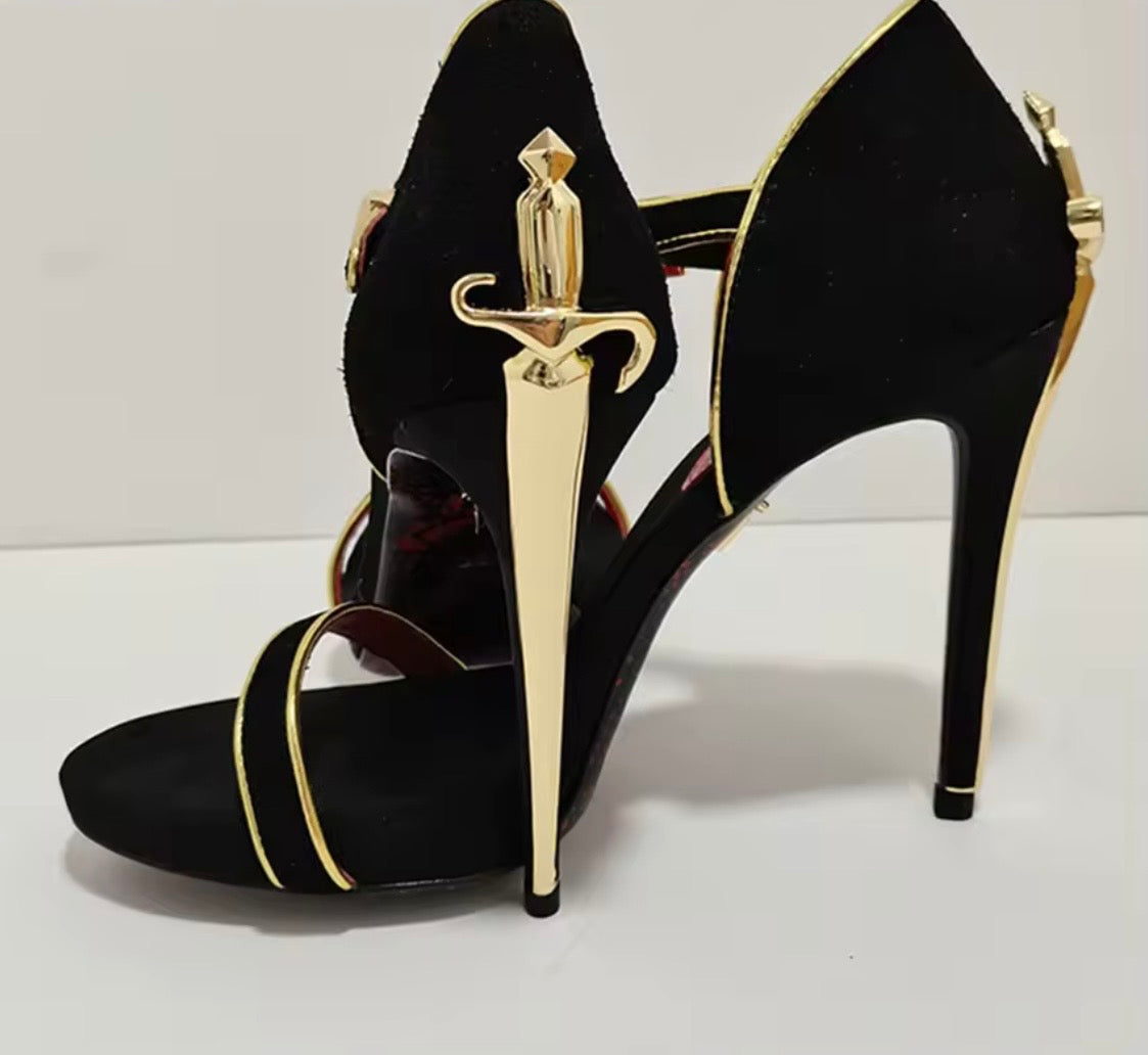 Black Leather Purse and Shoe Set | Gold Accent Boots or Heels, Genuine Leather, Cowhide