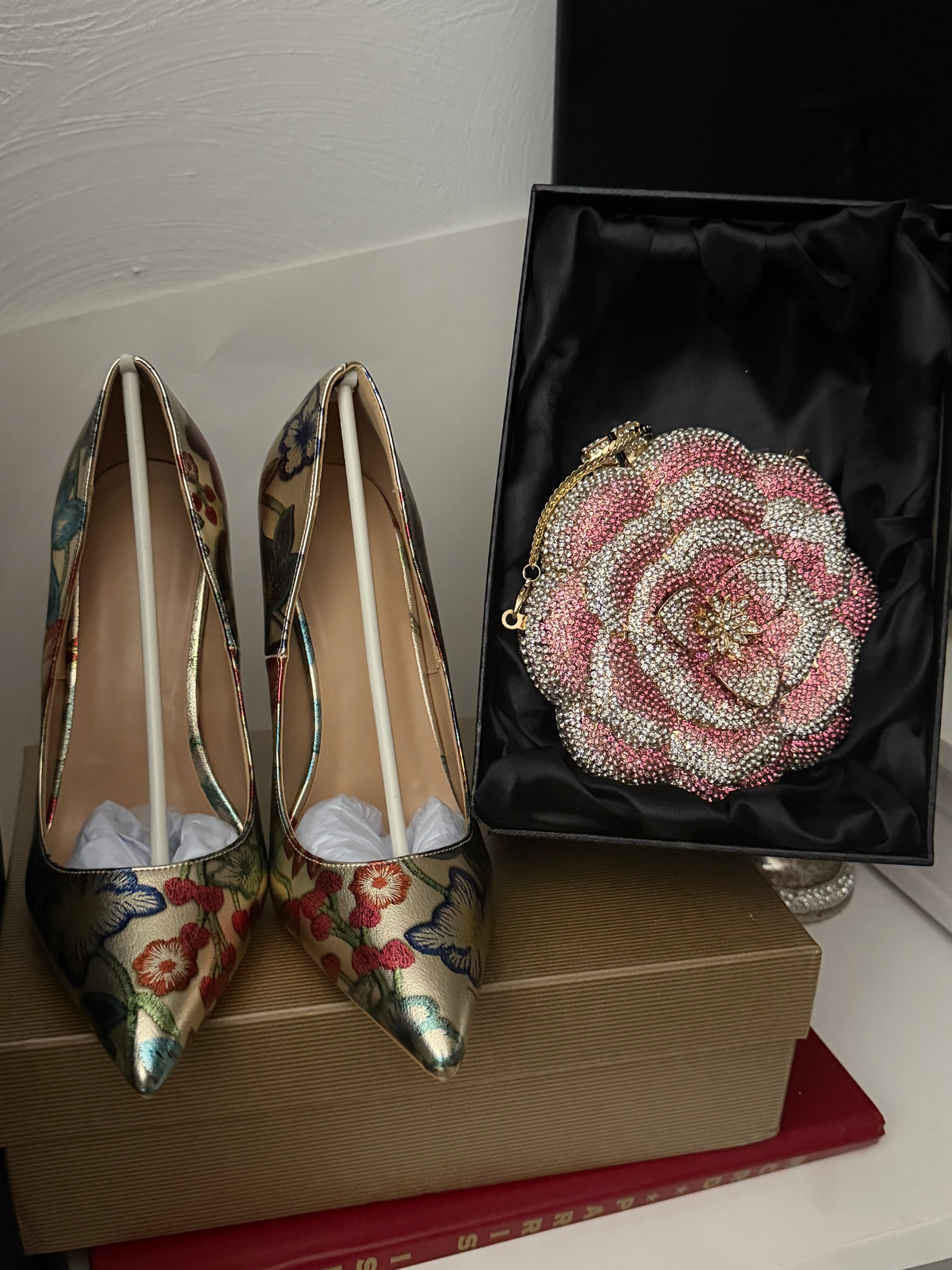 Floral Embroidered Heels and Crystal Clutch Set | Wedding Shoes Matching Bag | Bridal Evening Party Pumps | Luxury Formal Occasion Set