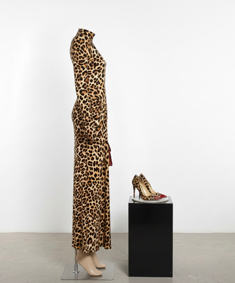 Vintage Leopard Print Maxi Dress Outfit, Red Crocodile Purse & Heels