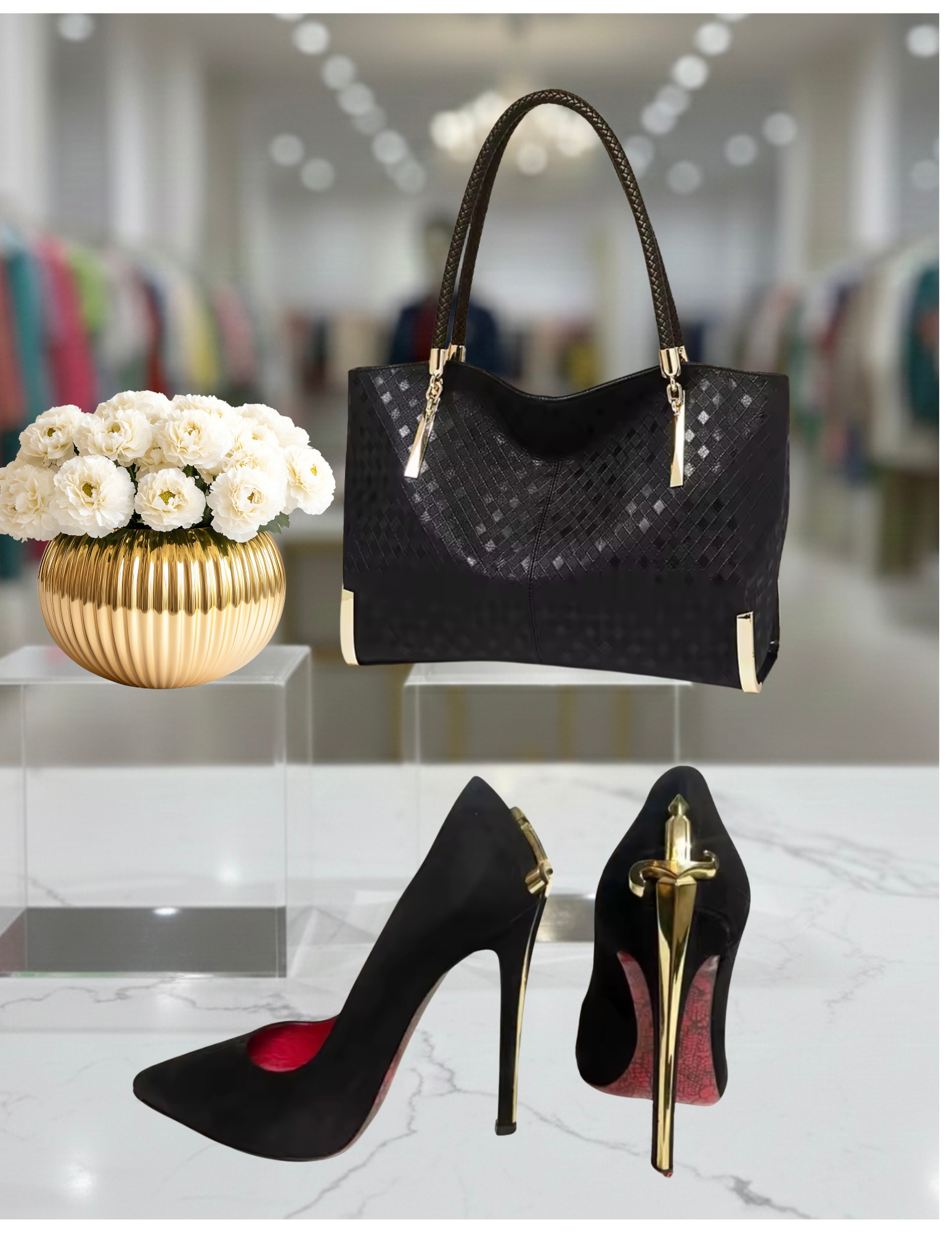 Black Leather Purse and Shoe Set | Gold Accent Boots or Heels, Genuine Leather, Cowhide