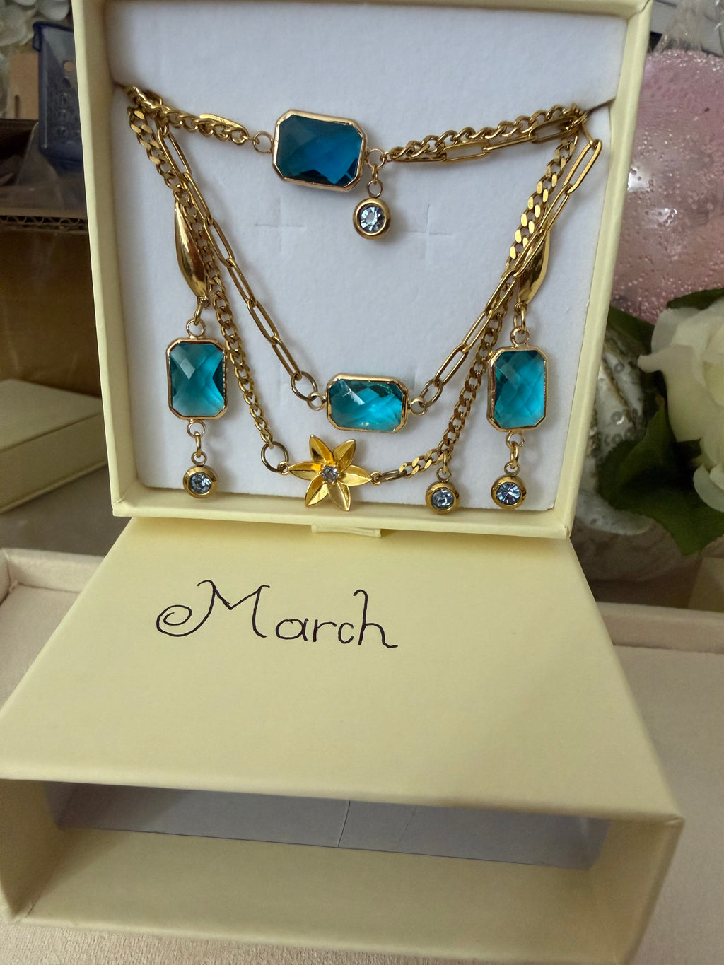 18k Gold PVD Birth Month double layered pendant Necklace, Bracelet and Earrings 3 pce set.