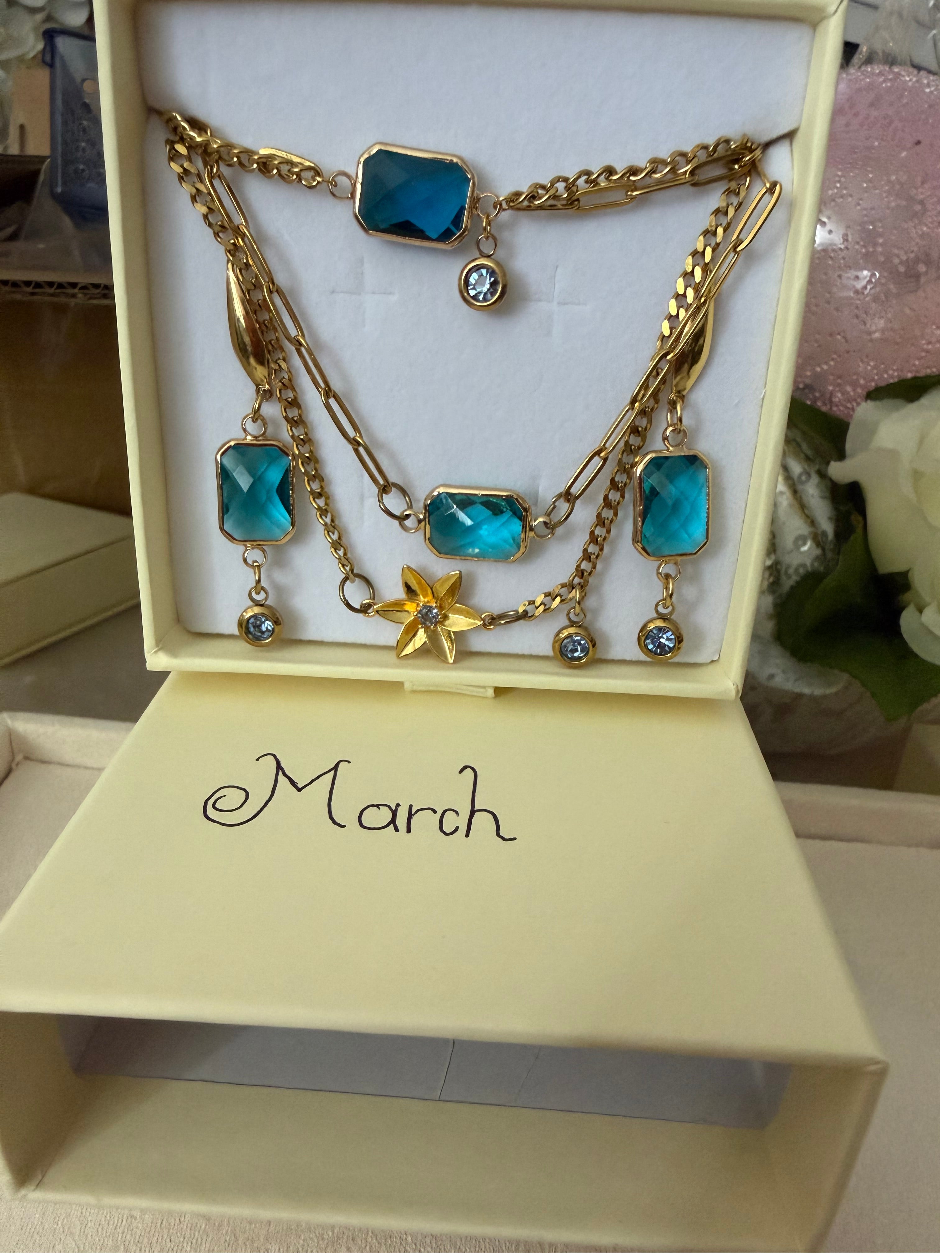 18k Gold PVD Birth Month double layered pendant Necklace, Bracelet and Earrings 3 pce set.