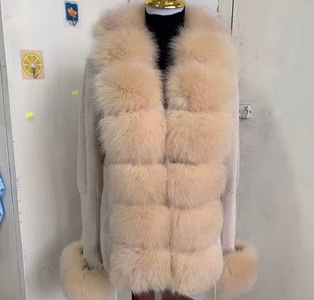 Luxury Real Fox Fur Cardigan with Sleeves & Cuffs | Handcrafted Knit Wool Blend Sweater with Genuine Fox Fur Trim
