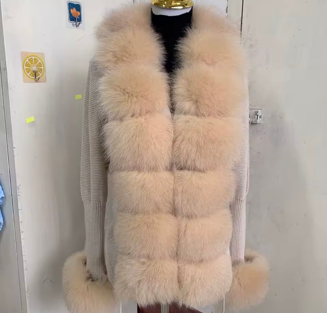 Luxury Real Fox Fur Cardigan with Sleeves & Cuffs | Handcrafted Knit Wool Blend Sweater with Genuine Fox Fur Trim