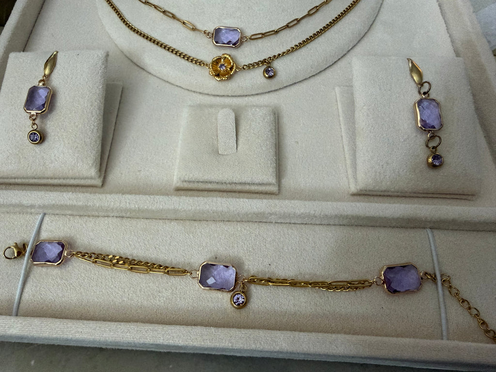 18k Gold PVD Birth Month double layered pendant Necklace, Bracelet and Earrings 3 pce set.