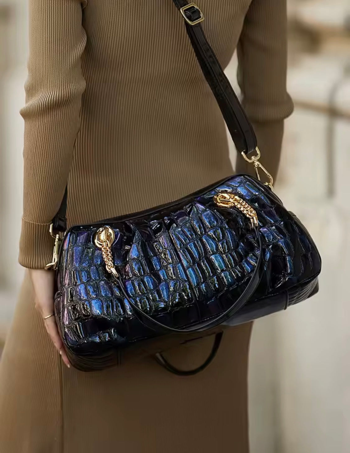 Gradient Leather Satchel Bag, Crocodile Print Top Handle Handbag