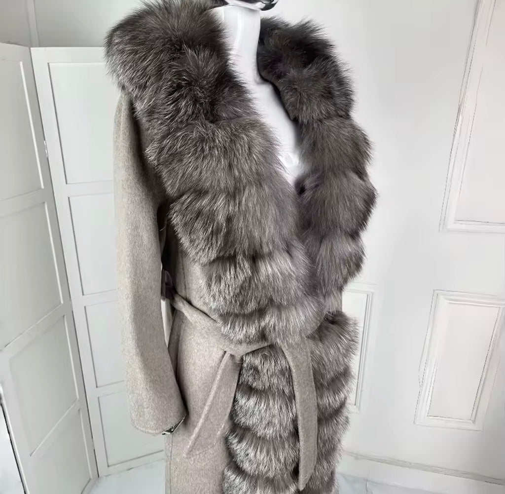 Long Luxury Wool & Cashmere Blend Coat for Women – Winter Warmth with a Genuine Silver Fox Fur Trim & Belted Waist