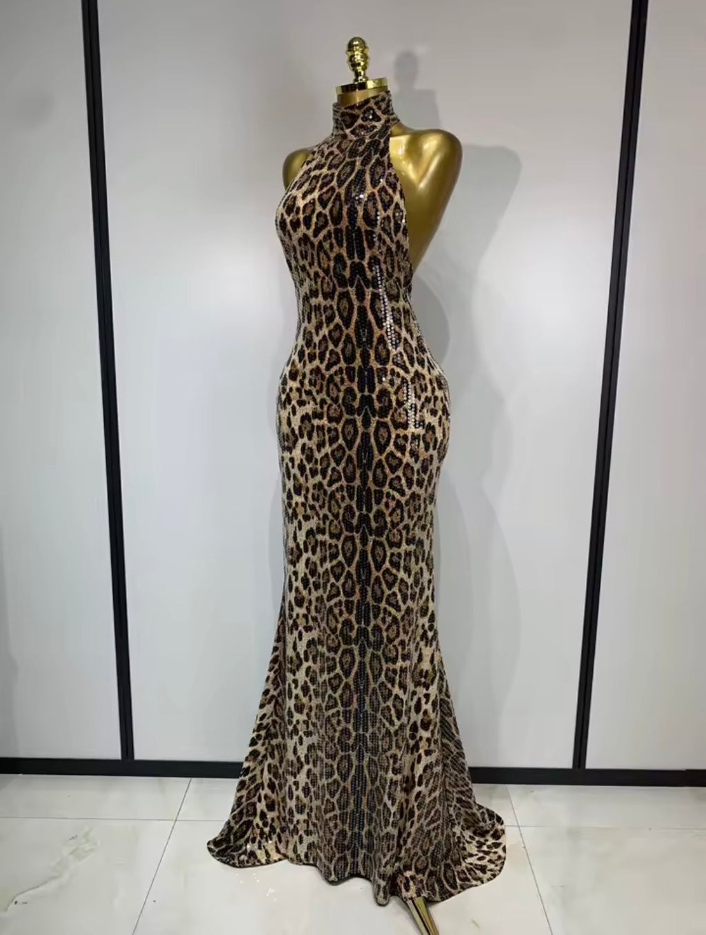 Sequin Leopard Print Prom Dress, Halter Neck Backless Evening Gown, Glam Mermaid High Collar Formal Dress, Animal Print Party Dress