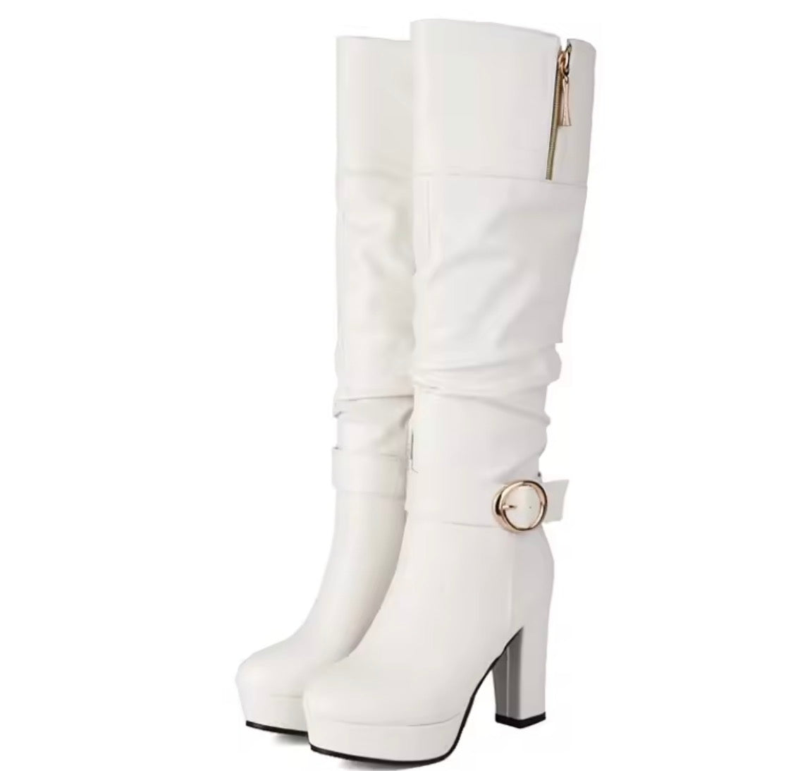 Women's Slouchy Knee High Boots Chunky High Heel Platform Buckle Strap Long Boots Side Zipper Dress Booties