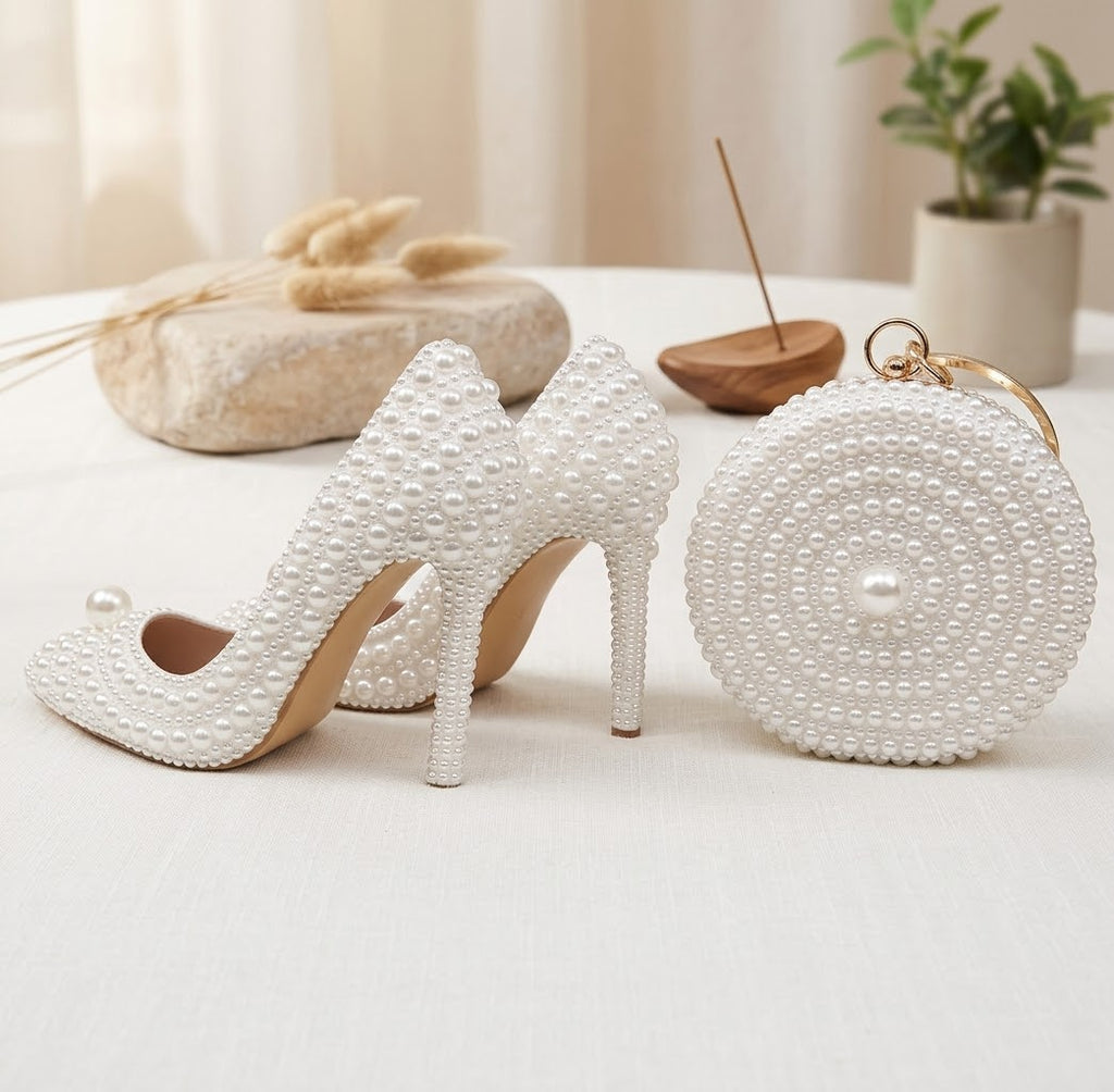 Pearl Wedding Shoes and Matching Clutch Set, Bridal Stilettos or Flats, Beaded Wedding Heels, Custom Bride Handbag and Shoes
