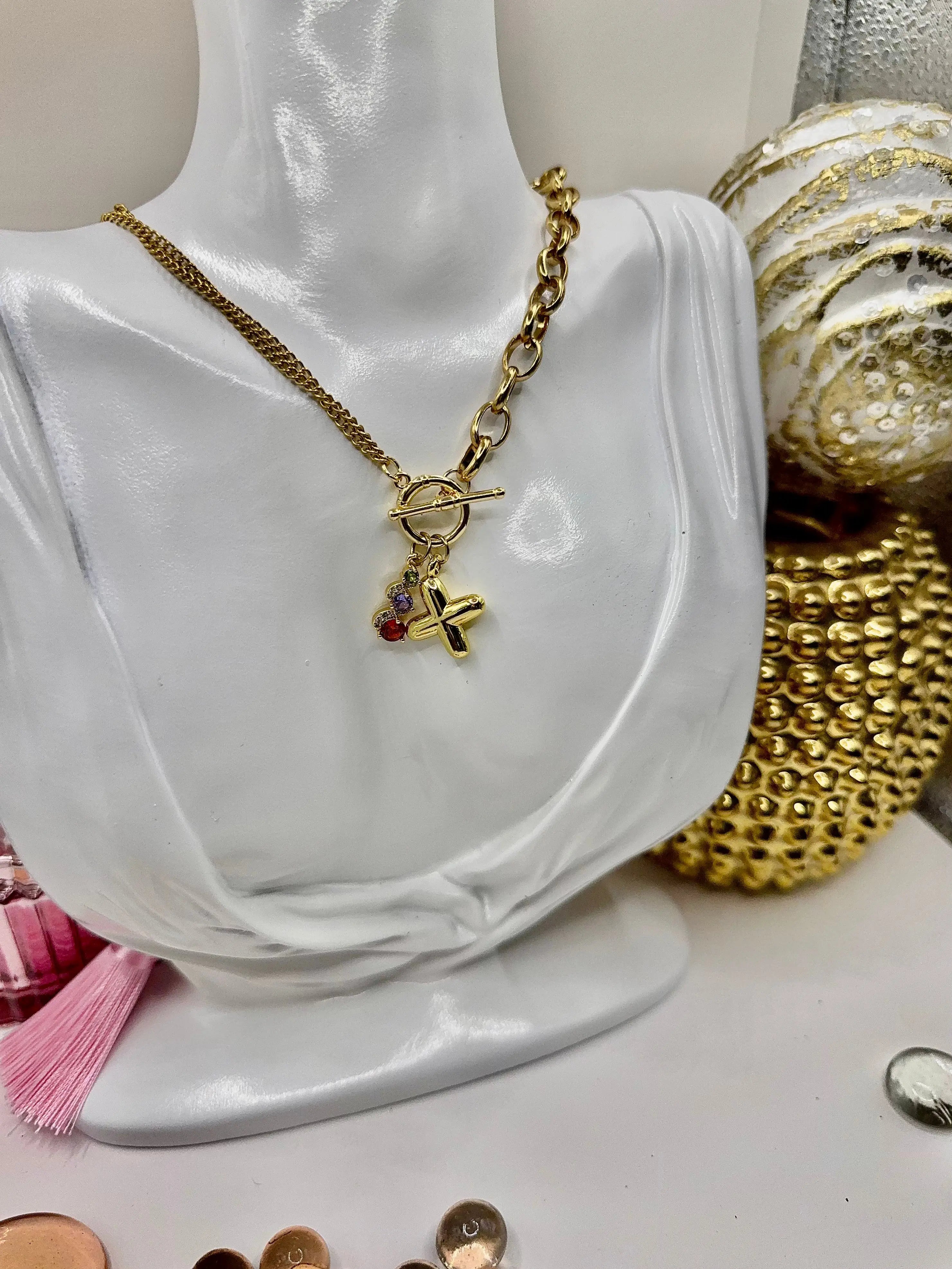 18K Gold PVD Initial Necklace with Multi-Color Gemstone Charms | Toggle Clasp Non-Tarnish Chain - JNi3 shop