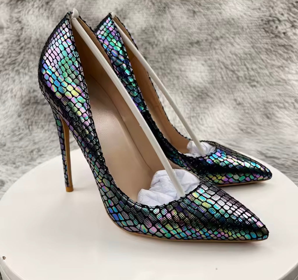 Iridescent Metallic Snake-Scale High Heels, Pointed Toe Stilettos