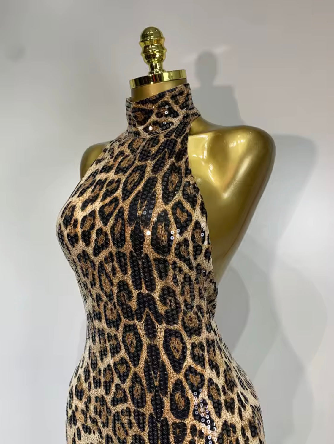 Sequin Leopard Print Prom Dress, Halter Neck Backless Evening Gown, Glam Mermaid High Collar Formal Dress, Animal Print Party Dress