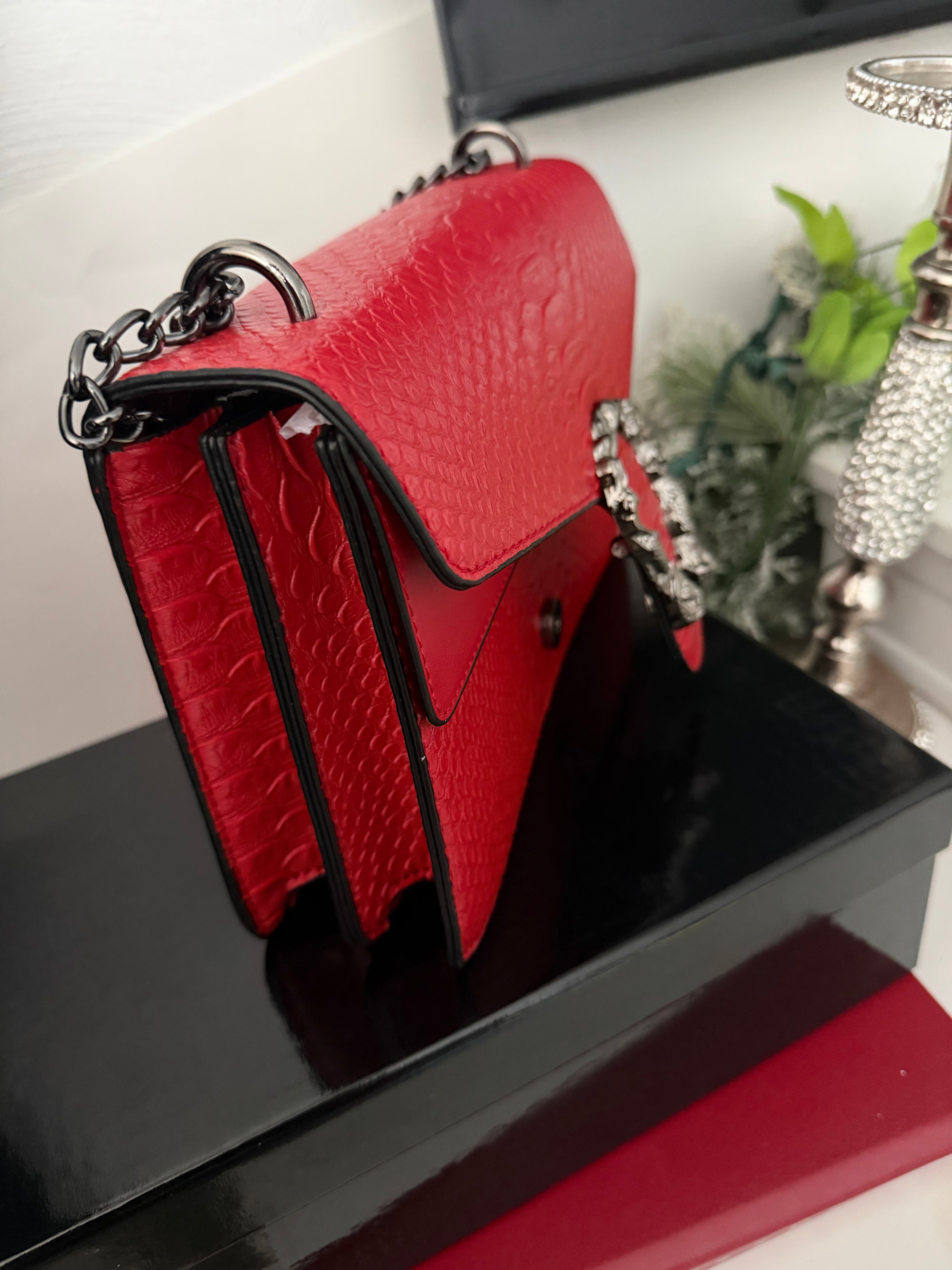 Red Snakeskin Heels and Purse Set | Cobra Print Stiletto Pumps and Dionysus Style Crossbody Bag | Red Crocodile Clutch with Gold Chain | Snakeskin Gift Set for Her