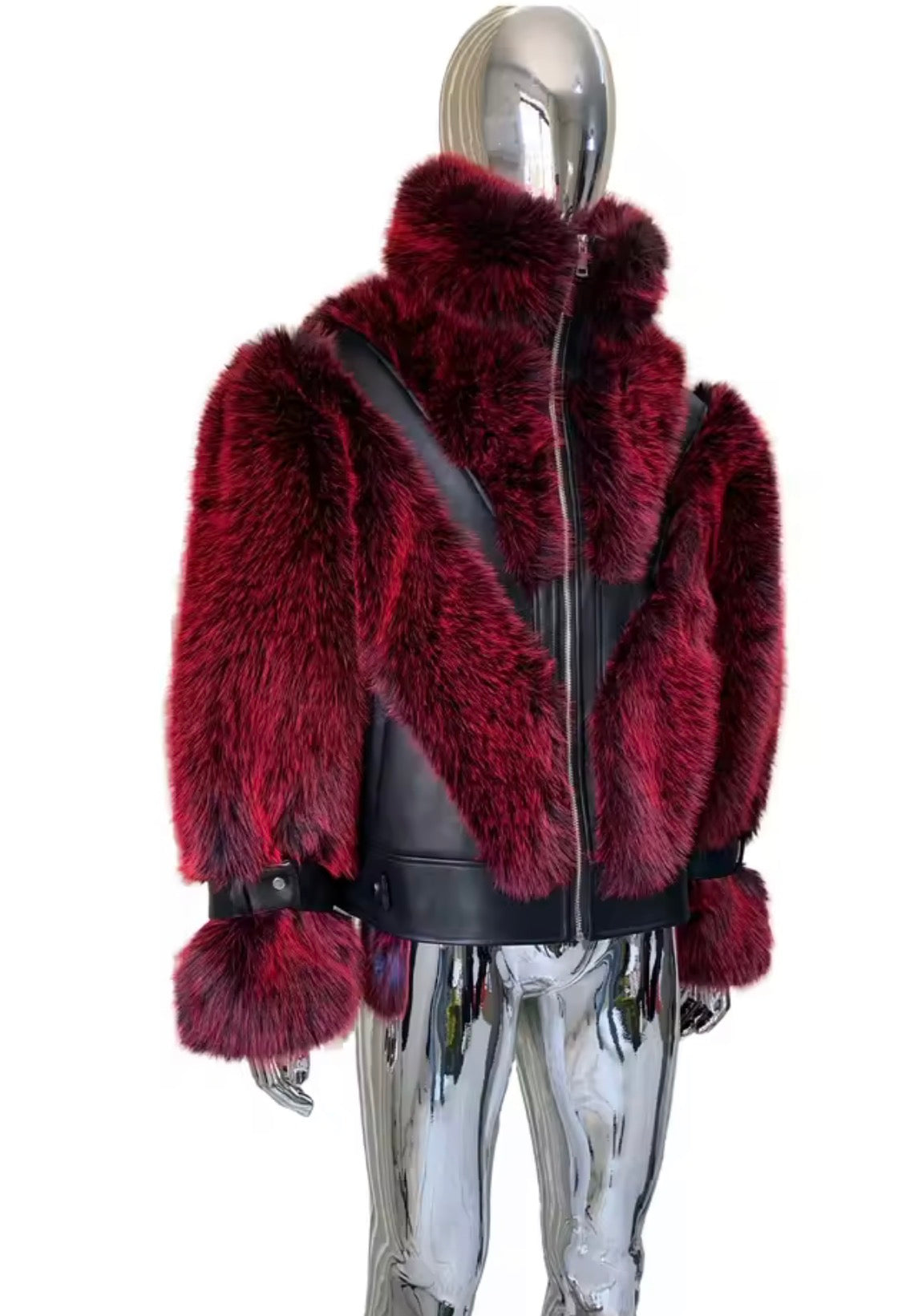 Men's Luxury Faux Fur & Leather Bomber Jacket – Winter Statement Outerwear with Stand Collar & Buckle Cuffs