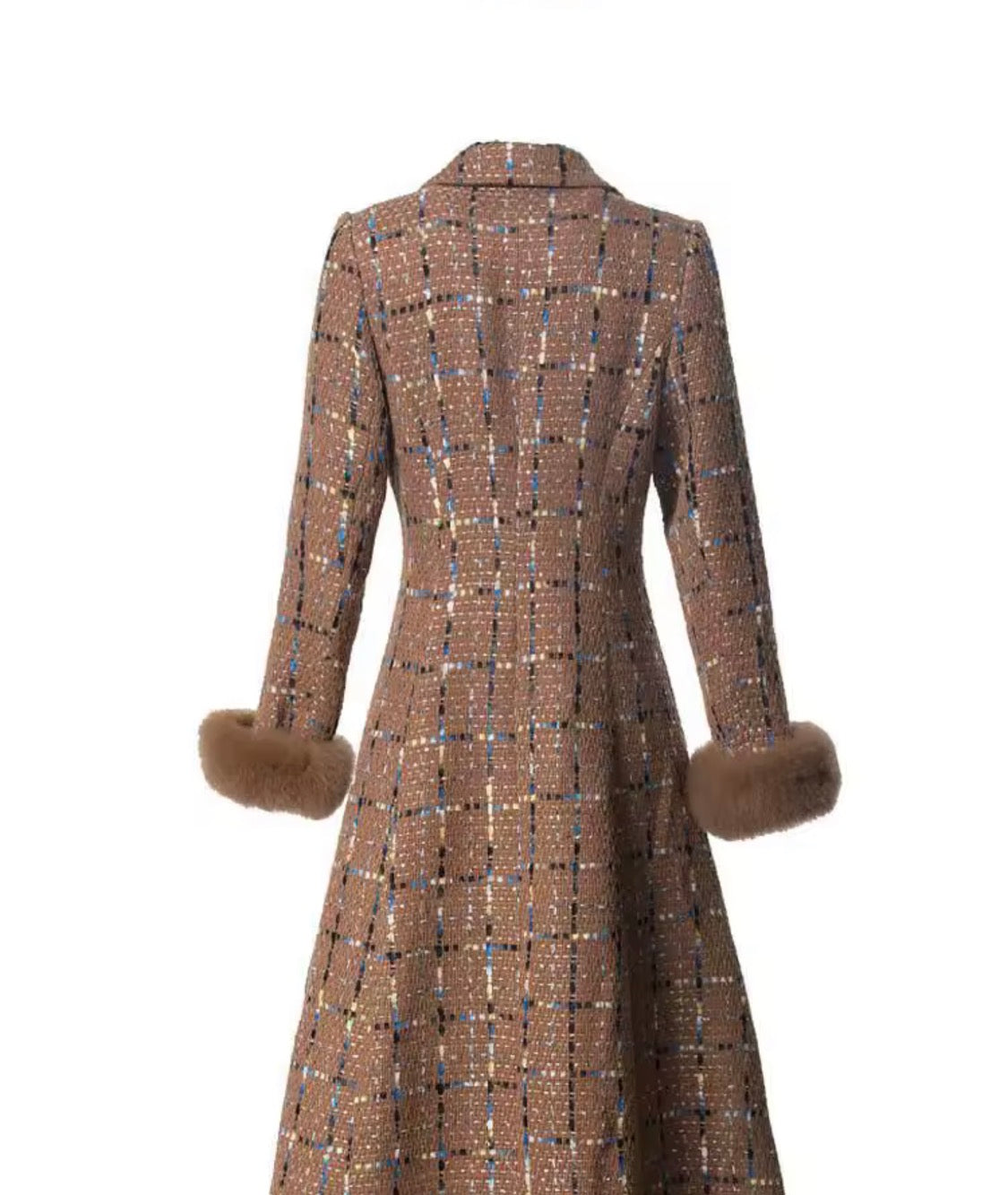 Women’s Long Tweed Plaid Trench Coat, Double-Breasted Winter Overcoat with Faux Fur Cuffs, Elegant Vintage Midi Jacket