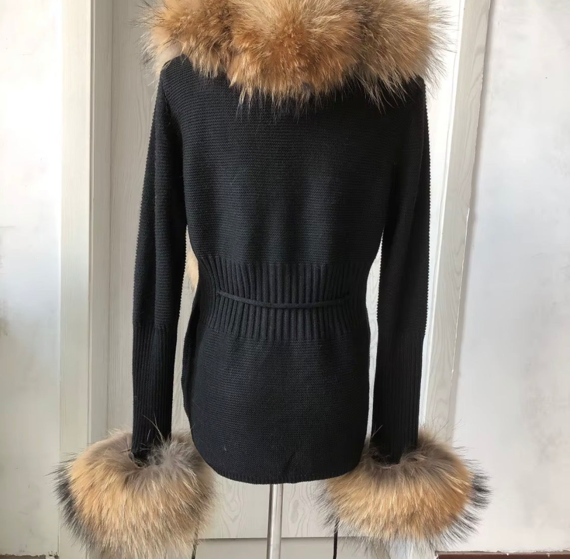 Luxury Real Fox Fur Cardigan with Sleeves & Cuffs | Handcrafted Knit Wool Blend Sweater with Genuine Fox Fur Trim