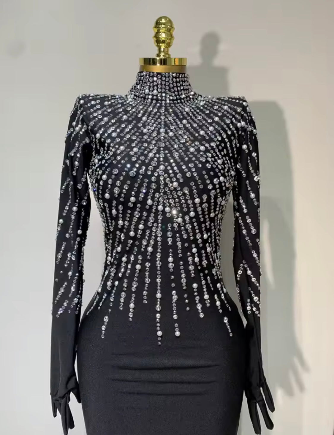Luxury Black Rhinestone Evening Gown with Gloves, Crystal Embellished Mermaid Dress, High Neck Open Back Formal Gala Dress, Birthday Prom Dress