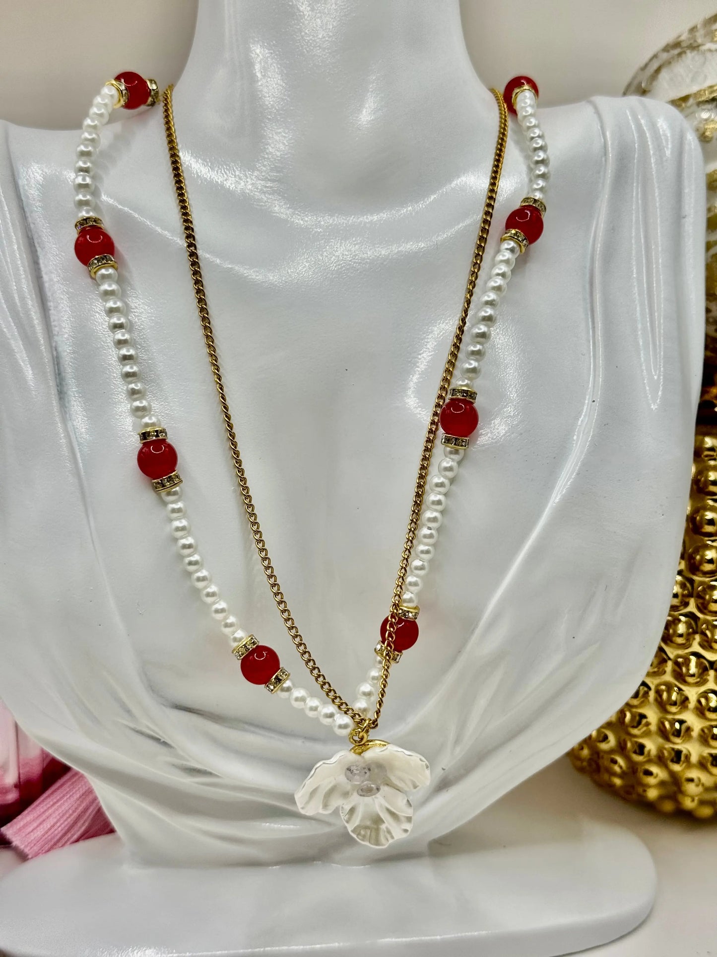 18k gold PVD Artificial pearl and glass beads Necklace with 3D Flower pendant and Bracelet set - JNi3 shop