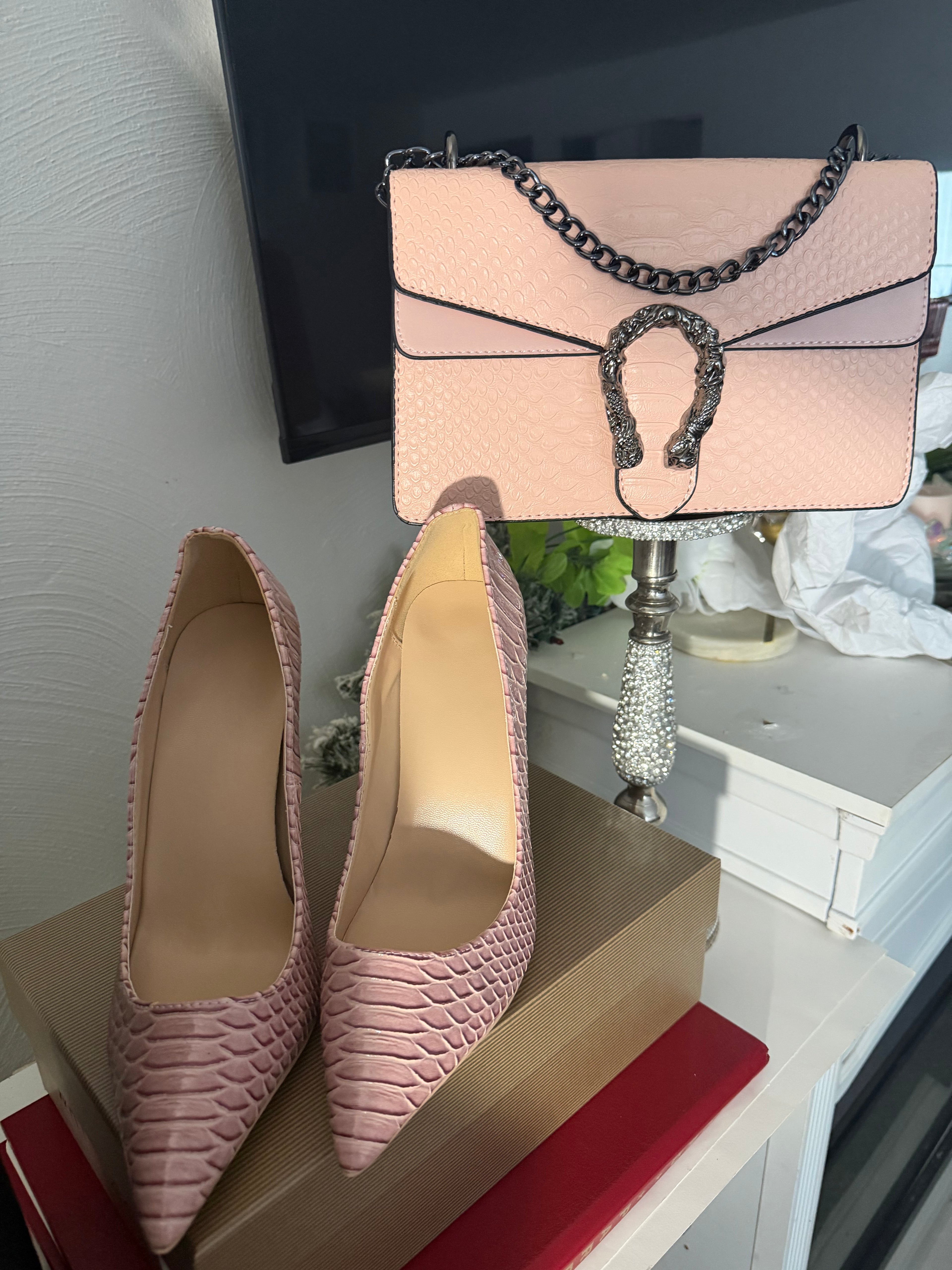 atching Light Pink Croc Heels and Bag Set, High Stiletto Pointed Toe Pumps, Envelope Clutch with Horseshoe Hardware