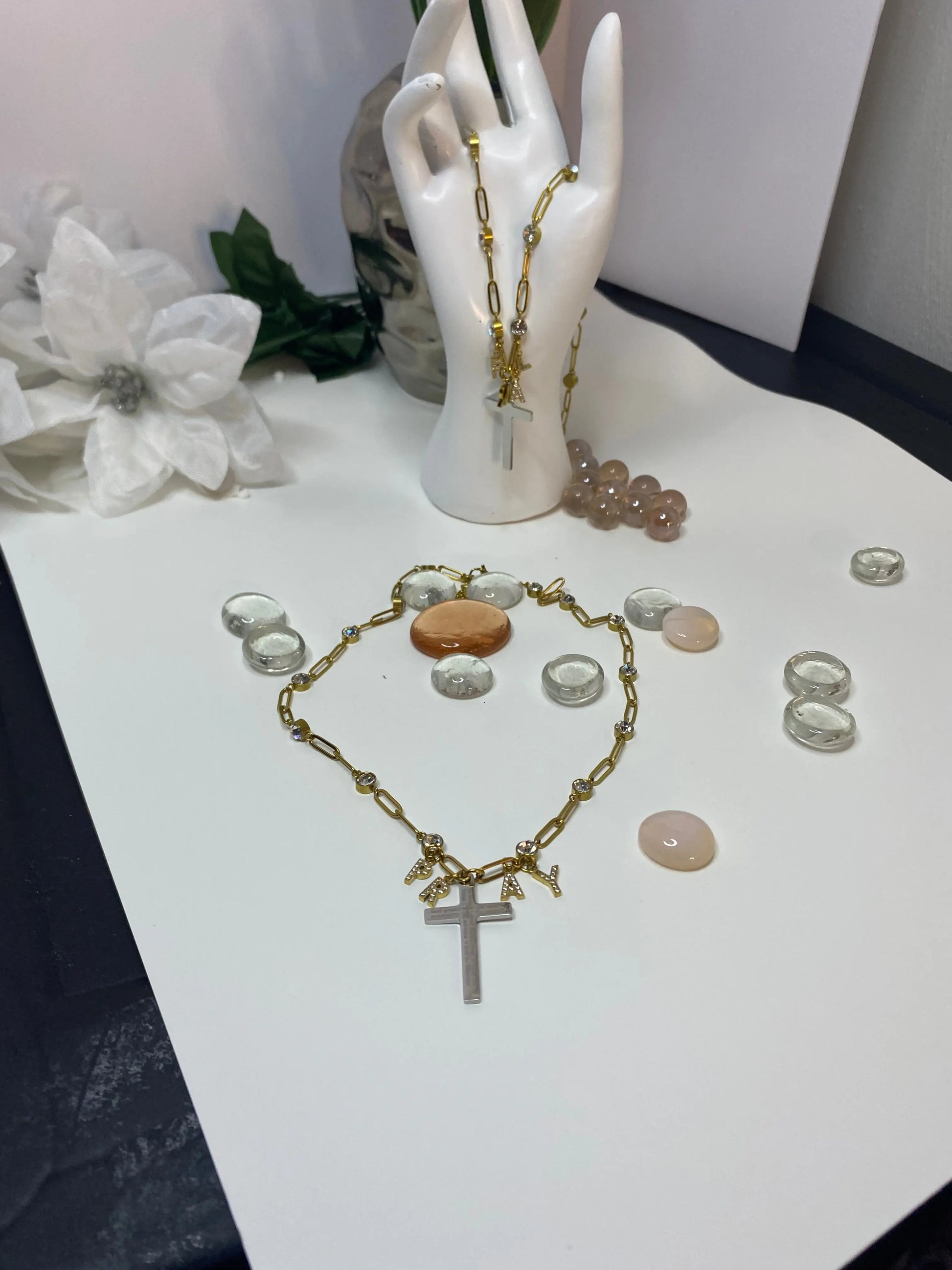 18K Gold PVD “PRAY” Cross Charm Necklace – Non-Tarnish Stainless Steel with CZ Accents - JNi3 shop