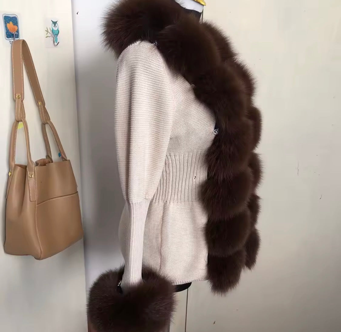Luxury Real Fox Fur Cardigan with Sleeves & Cuffs | Handcrafted Knit Wool Blend Sweater with Genuine Fox Fur Trim