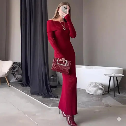 Ultimate Red Luxe Night Out Ensemble - Off-Shoulder Knit Dress, Knee-High Crocodile Boots, Statement Necklace & Clutch