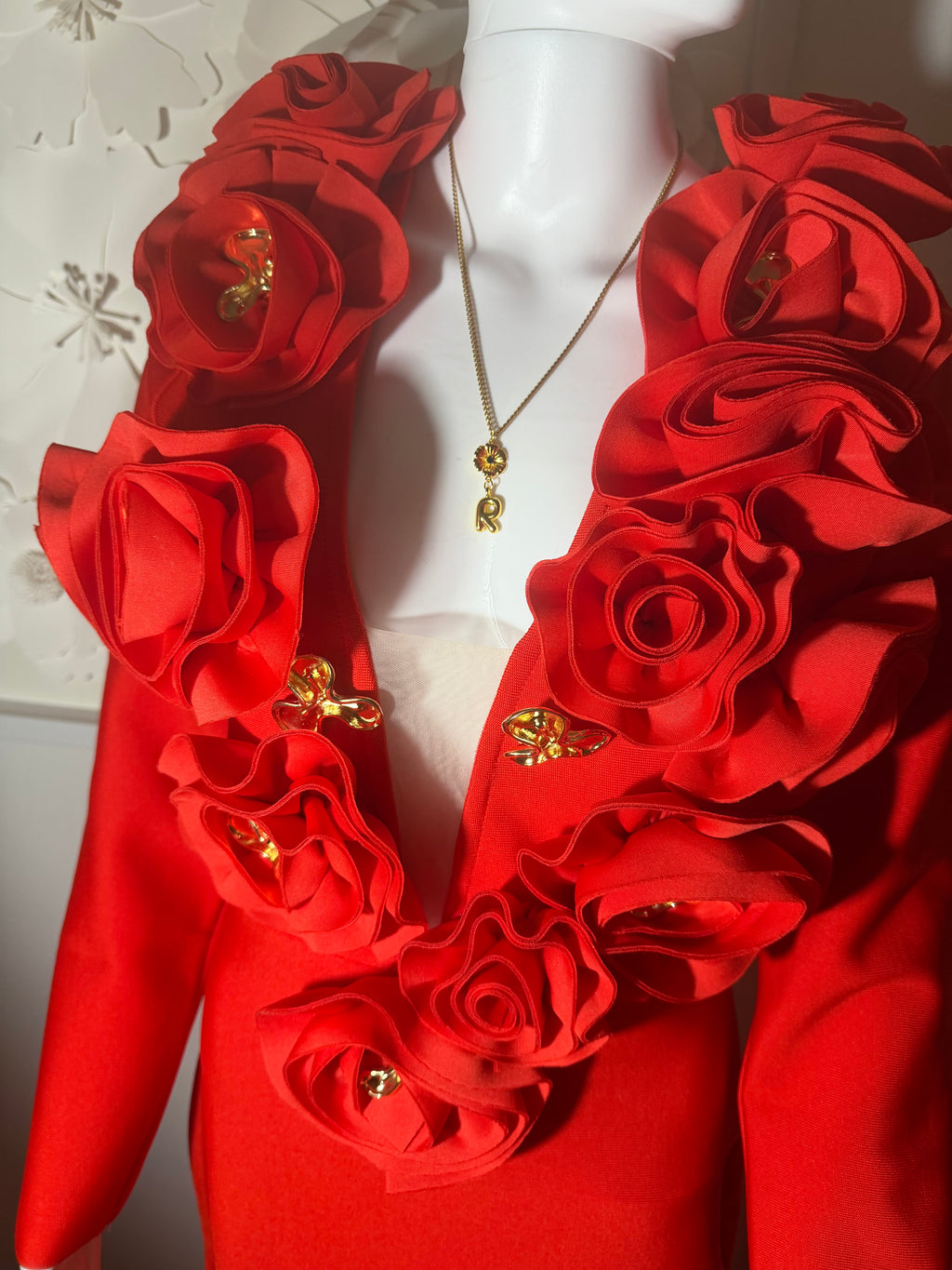 3D Rose V-Neck Bandage Dress & Earrings | Gala Outfit