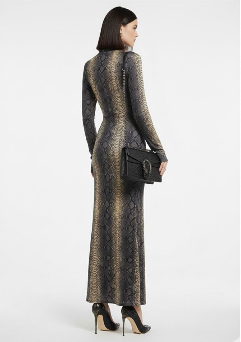 Serpentine Ensemble: Snake Print Maxi Dress, Charcoal Handbag & Stilettos | Complete Outfit, Animal Print Fashion