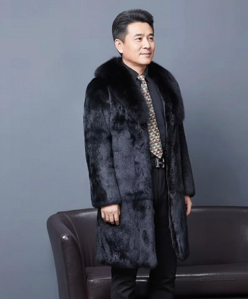 Men's Real Rabbit Fur Jacket with Fox Fur Collar | Luxury Winter Overcoat