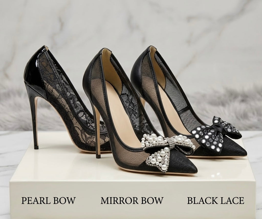 Black Lace Mesh High Heels with Bow Accents | Pointed Toe Stiletto Pumps | Pearl, Rhinestone & Classic Lace Wedding & Evening Shoeshine