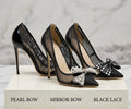 Black Lace Mesh High Heels with Bow Accents | Pointed Toe Stiletto Pumps | Pearl, Rhinestone & Classic Lace Wedding & Evening Shoeshine