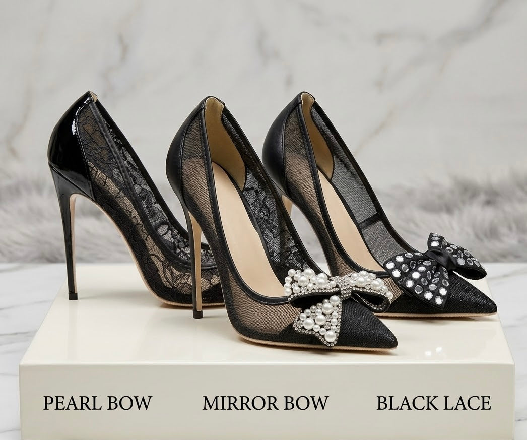 Black Lace Mesh High Heels with Bow Accents | Pointed Toe Stiletto Pumps | Pearl, Rhinestone & Classic Lace Wedding & Evening Shoeshine