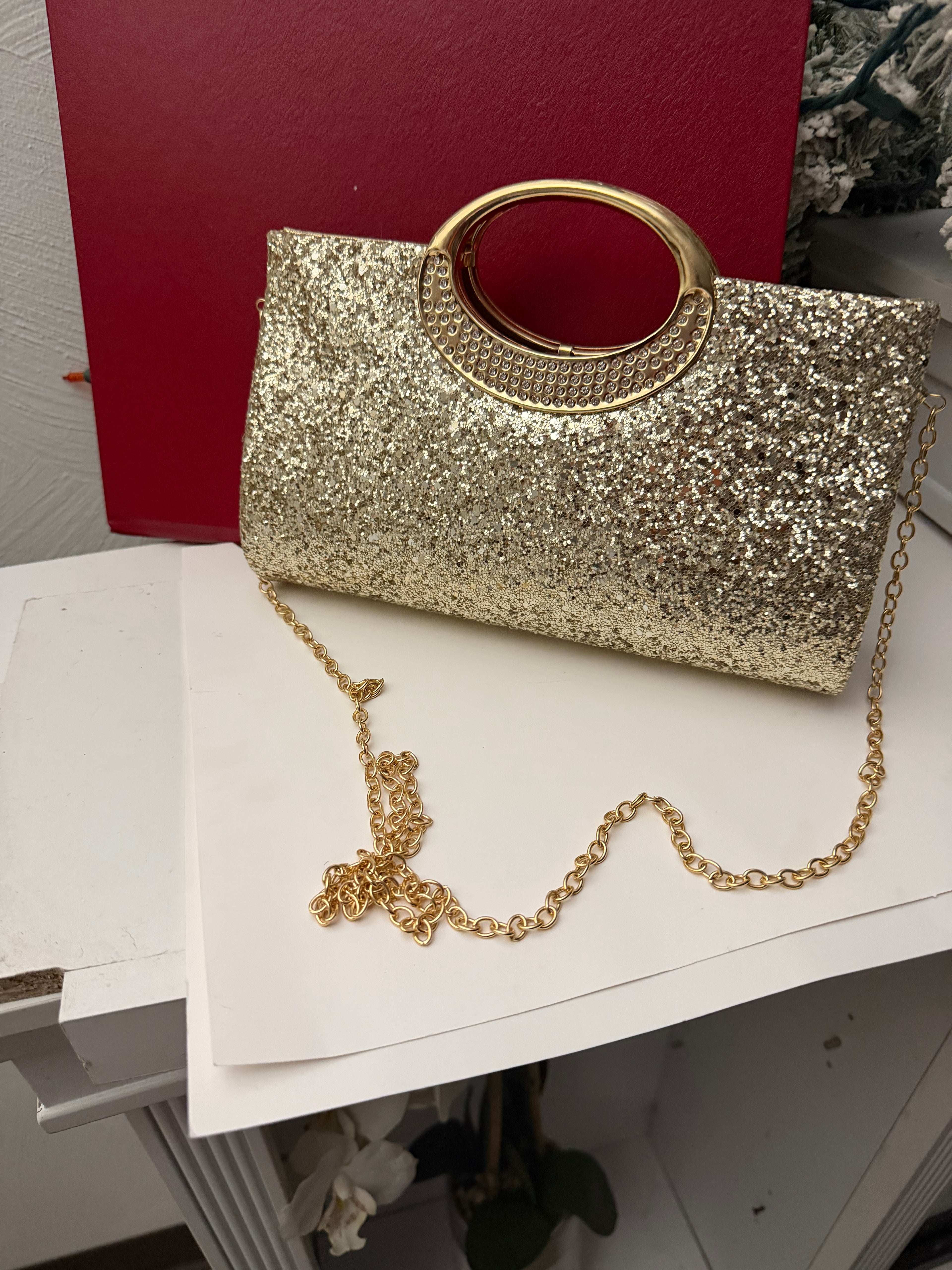 3 piece Black & Gold Sequin Evening Gown with Black Pumps and Gold Clutch set