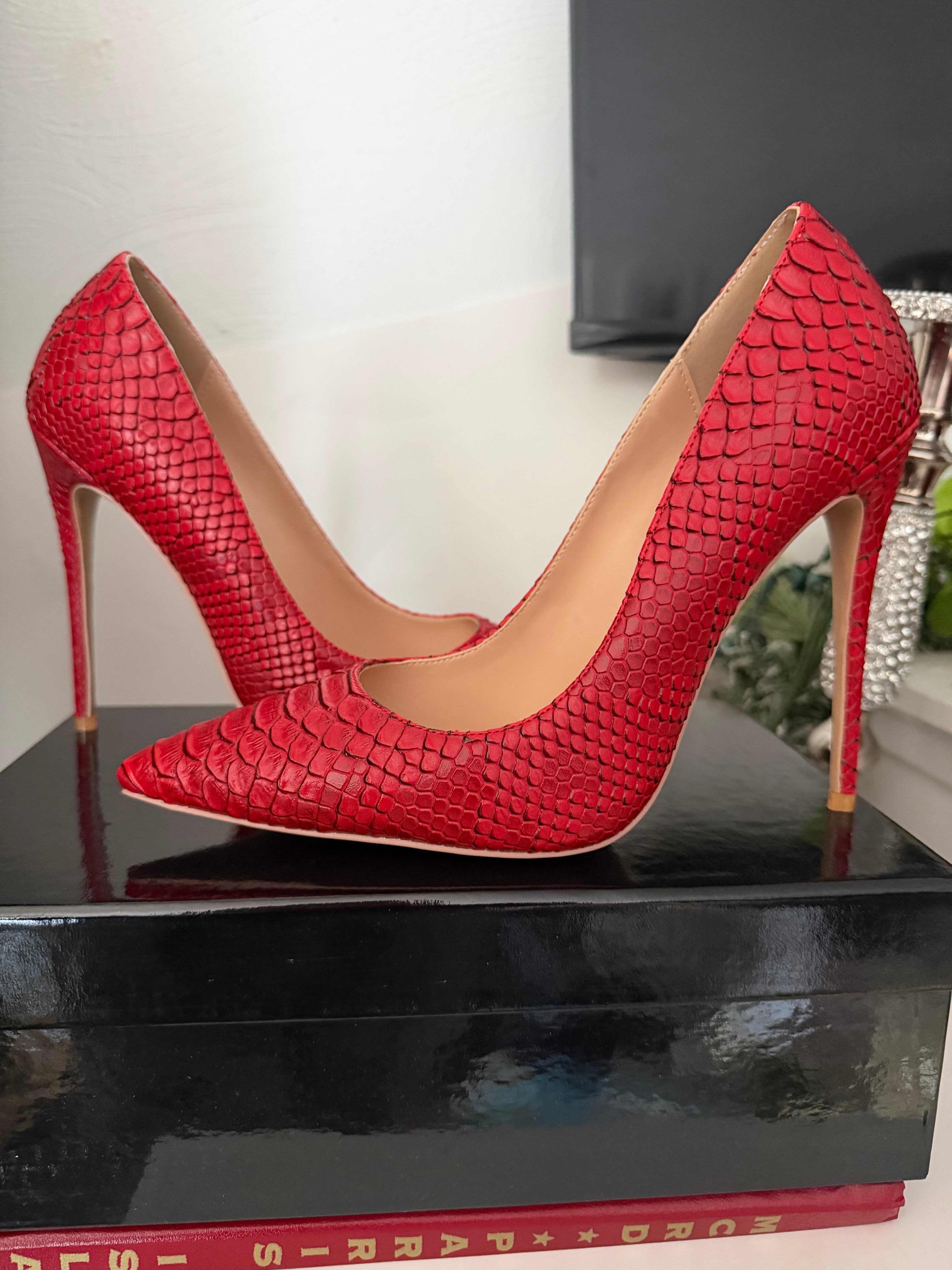 Red Snakeskin Heels and Purse Set | Cobra Print Stiletto Pumps and Dionysus Style Crossbody Bag | Red Crocodile Clutch with Gold Chain | Snakeskin Gift Set for Her