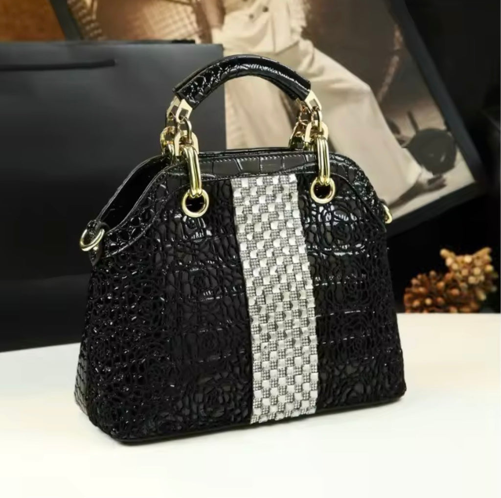 Luxury Crocodile Pattern Lacquer Leather Handbag – Rhinestone Diamond Inlaid Rose Embossed Single Shoulder & Crossbody Bag