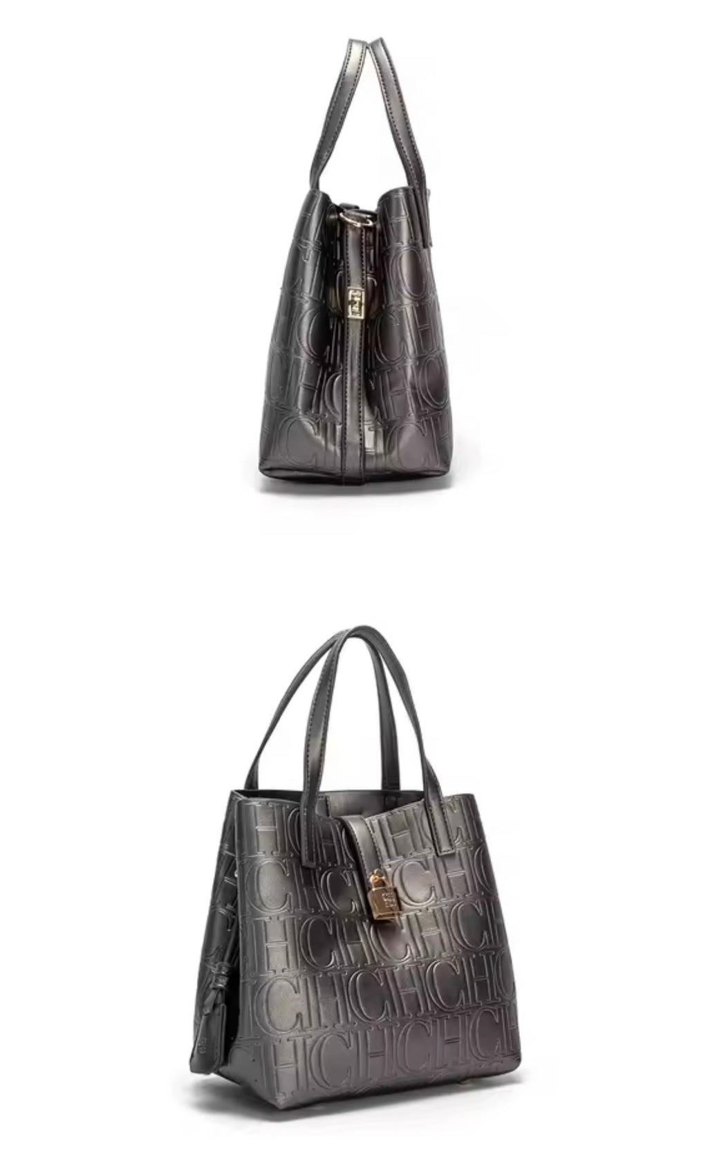 Designer-Inspired Embossed Monogram Tote Bag – Luxury PU Leather Top-Handle Handbag & Crossbody Purse with Lock Detail