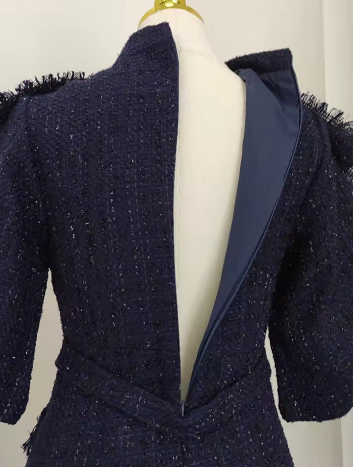 The Baroque Sapphire Complete Outfit Set | Navy Blue Tweed Bow-Tie Dress, Matching Stiletto Heels, Structured Vanity Handbag & Gold Birthstone Jewelry Set | Luxury Boutique Curated Collection